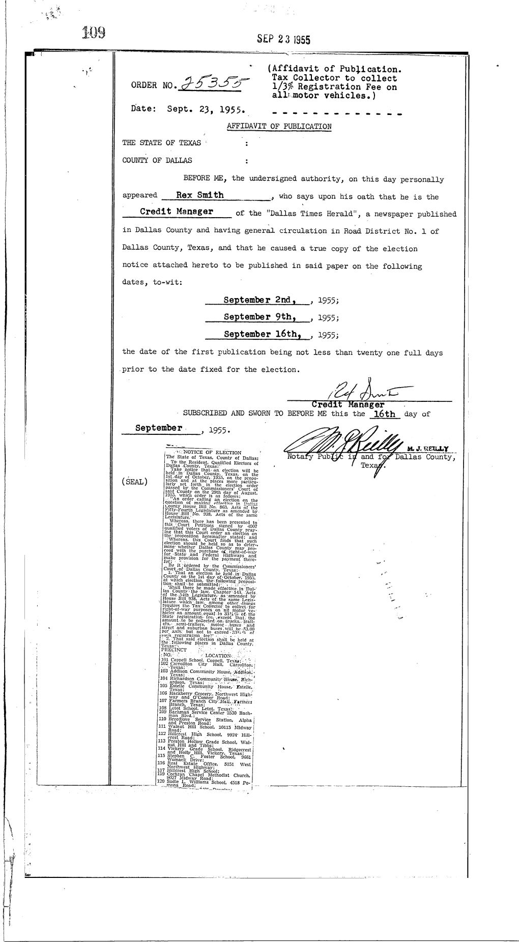 ORDER NO Date: Sept. 23, 1955. (Affidavit Of