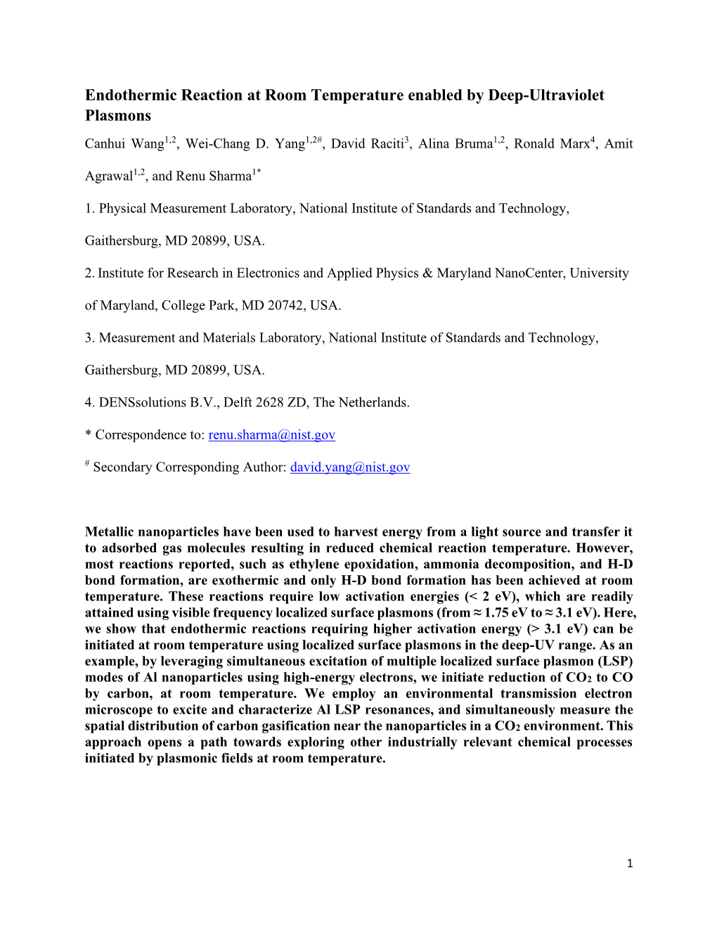 Endothermic Reaction at Room Temperature Enabled by Deep-Ultraviolet Plasmons Canhui Wang1,2, Wei-Chang D