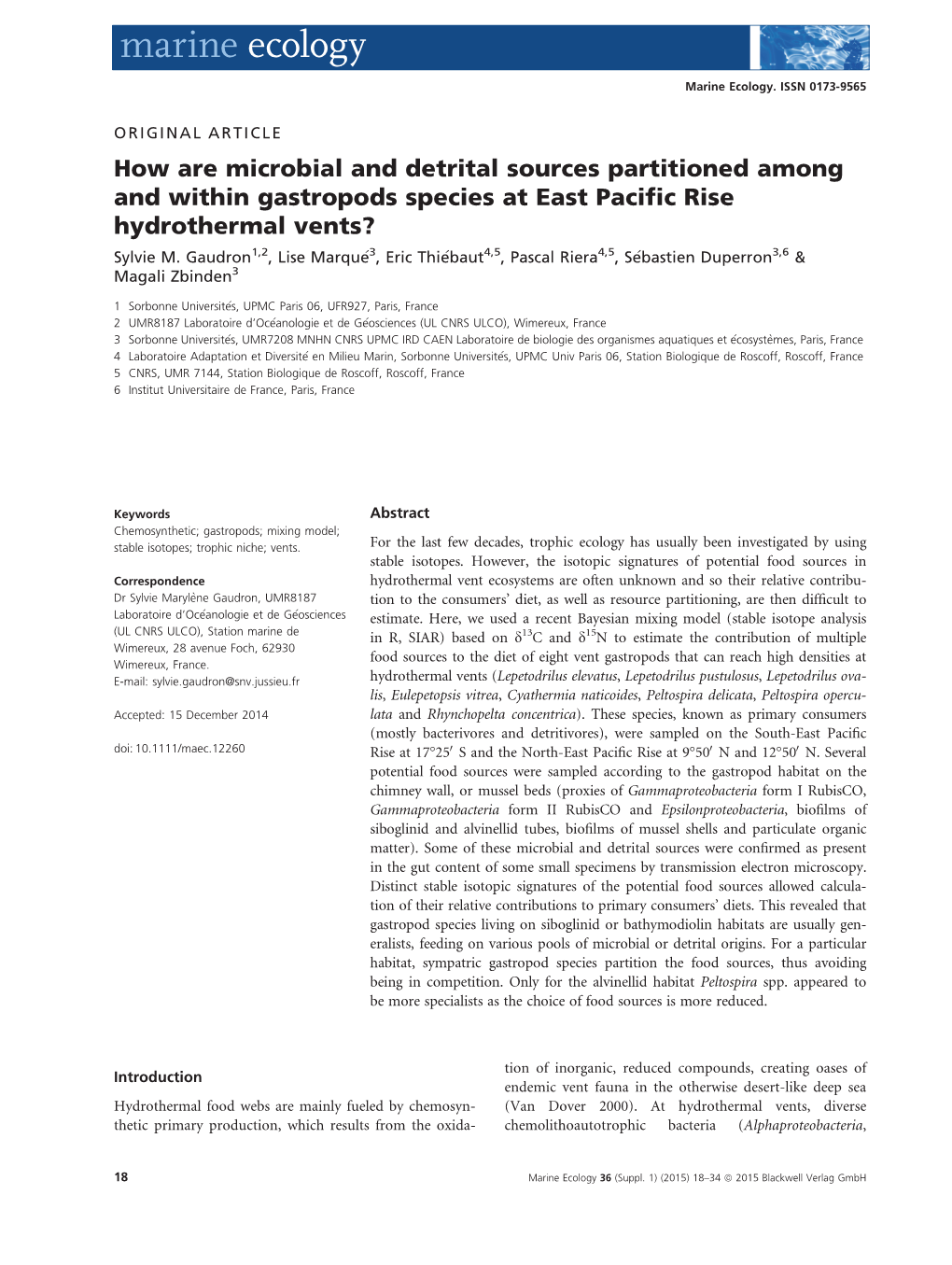 How Are Microbial and Detrital Sources Partitioned Among and Within Gastropods Species at East Paciﬁc Rise Hydrothermal Vents? Sylvie M