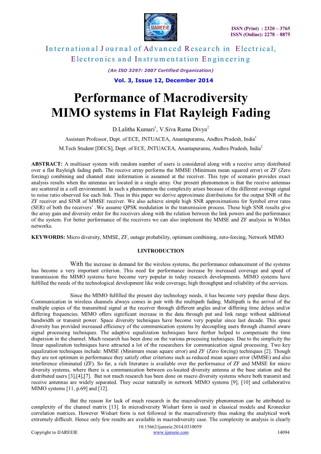 Performance of Macrodiversity MIMO Systems in Flat Rayleigh Fading