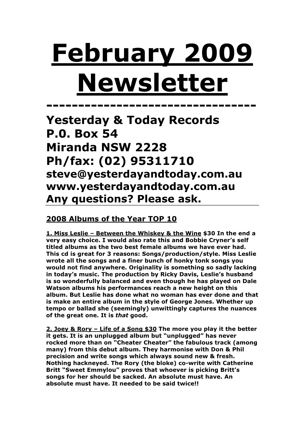 Newsletter February 2009