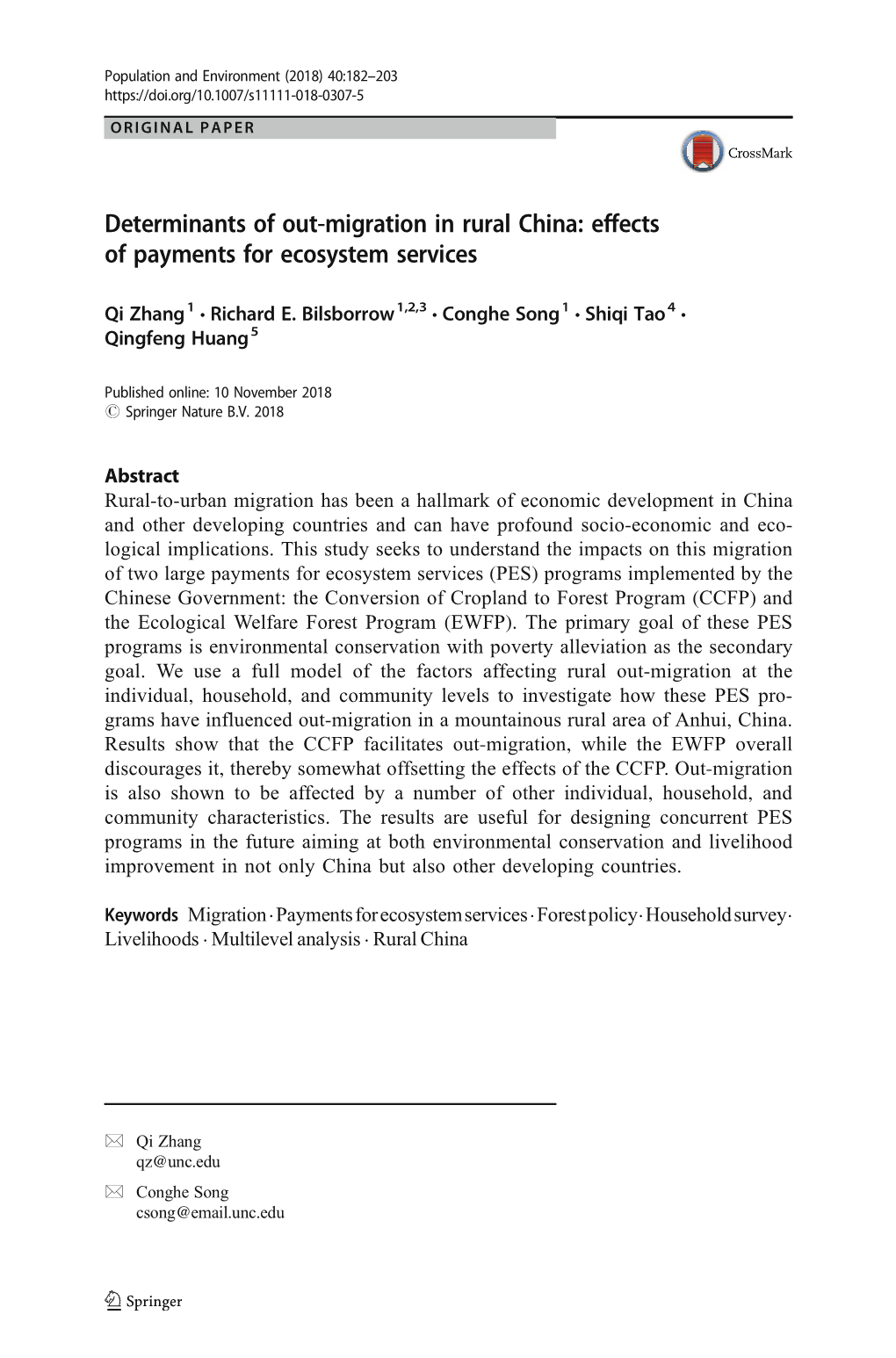 Determinants of Out-Migration in Rural China: Effects of Payments for Ecosystem Services