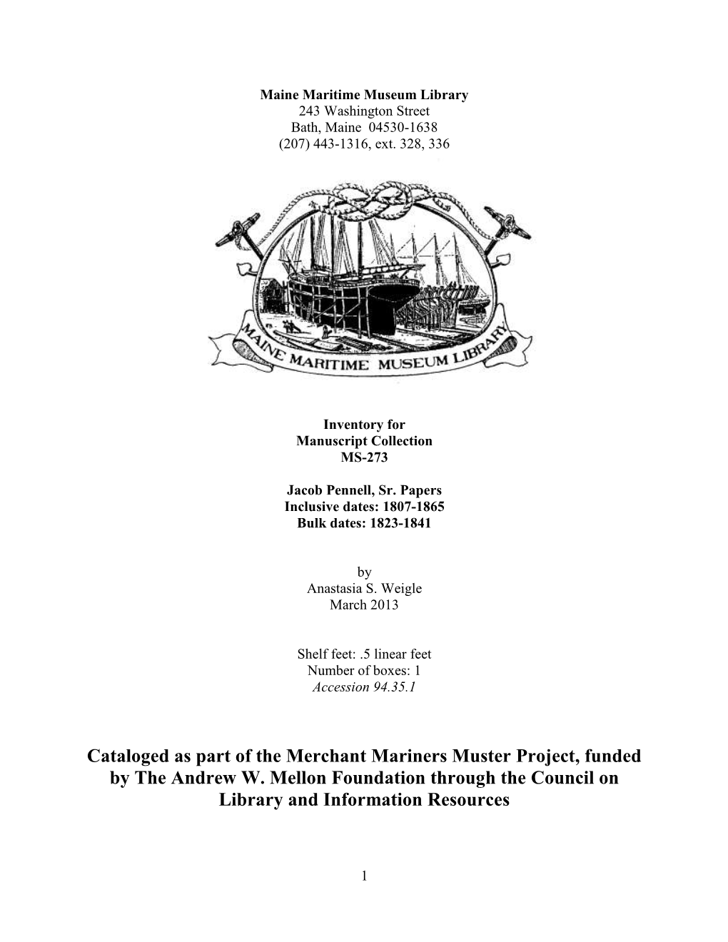 Cataloged As Part of the Merchant Mariners Muster Project, Funded by the Andrew W. Mellon Foundation Through the Council on Library and Information Resources