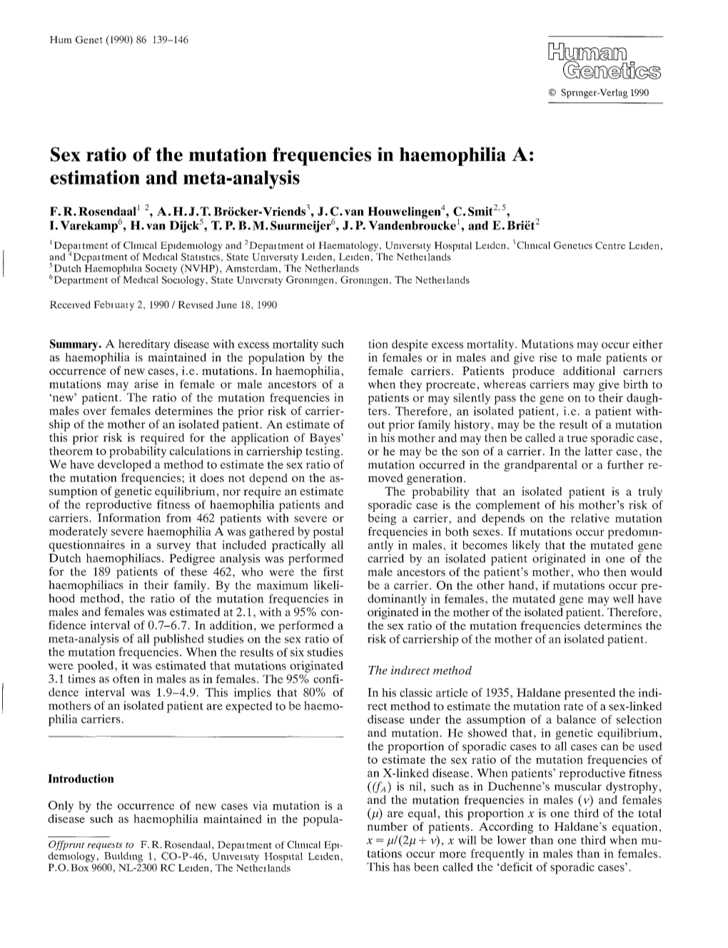 Sex Ratio of the Mutation Frequencies in Haemophilia A: Estimation and Meta-Analysis