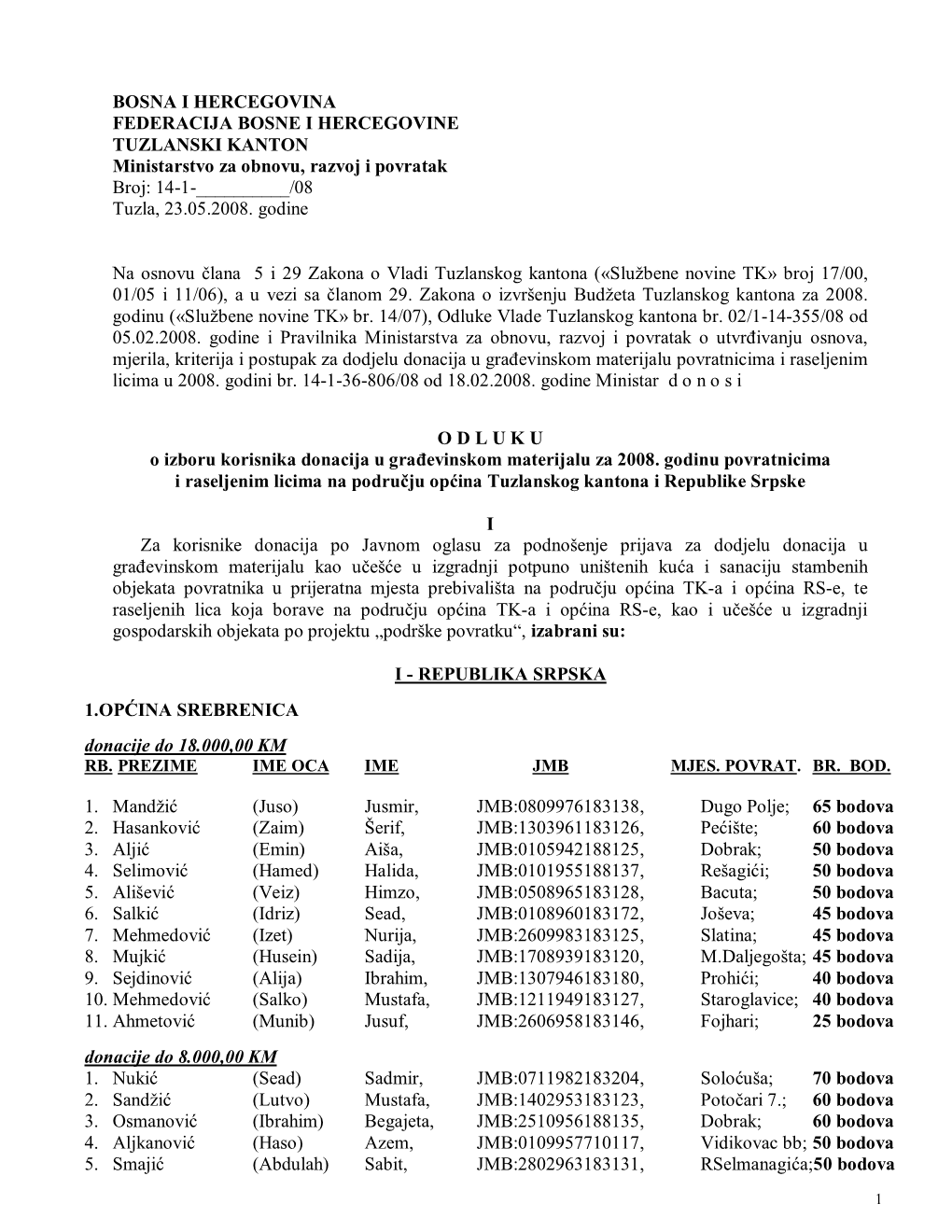 BOSNA I HERCEGOVINA FEDERACIJA BOSNE I HERCEGOVINE TUZLANSKI KANTON Ministarstvo Za Obnovu, Razvoj I Povratak Broj: 14-1-______/08 Tuzla, 23.05.2008