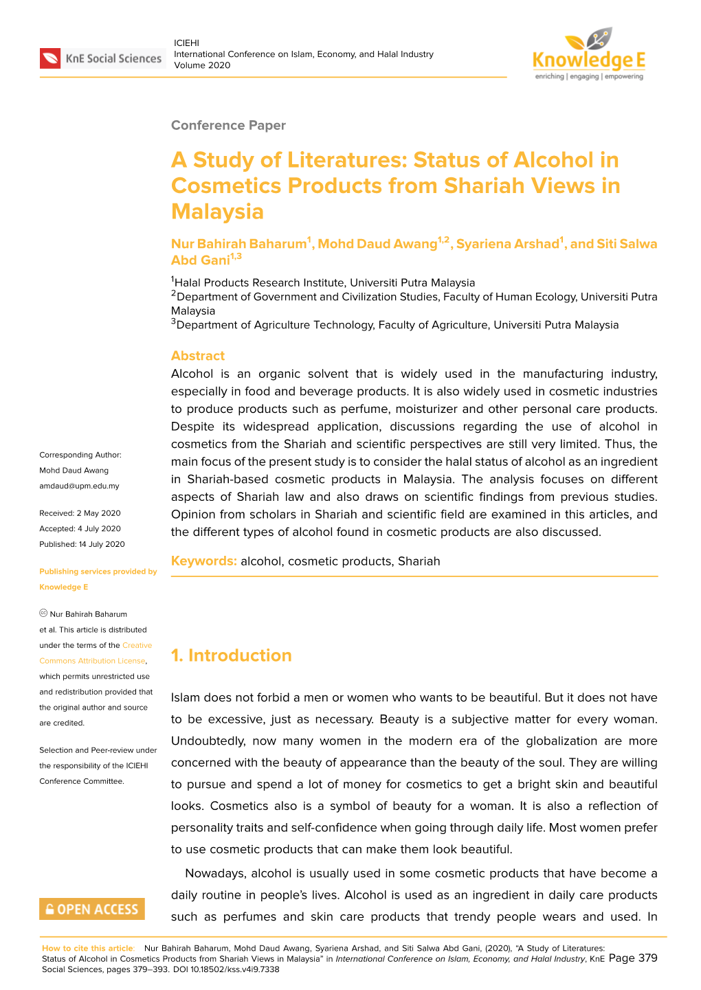 Status of Alcohol in Cosmetics Products from Shariah Views In