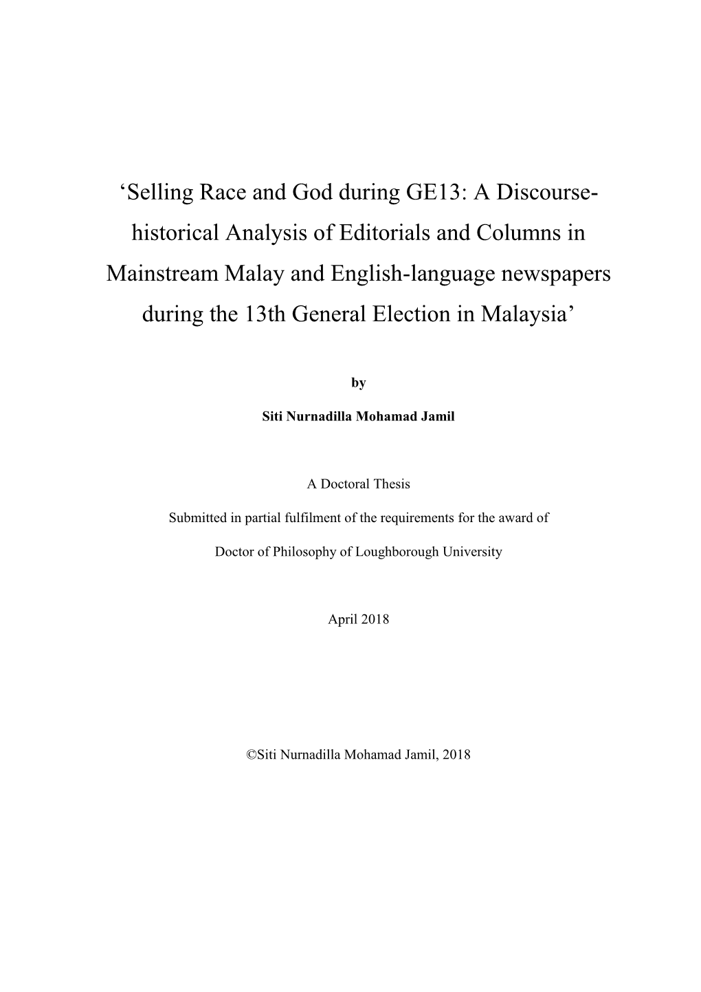 'Selling Race and God During GE13: a Discourse- Historical Analysis Of