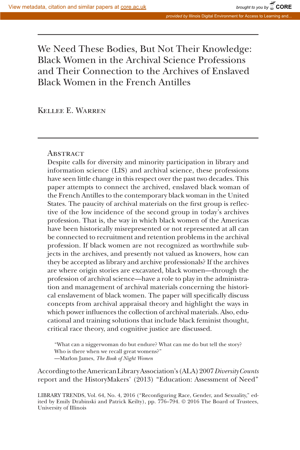 Black Women in the Archival Science Professions and Their Connection to the Archives of Enslaved Black Women in the French Antilles