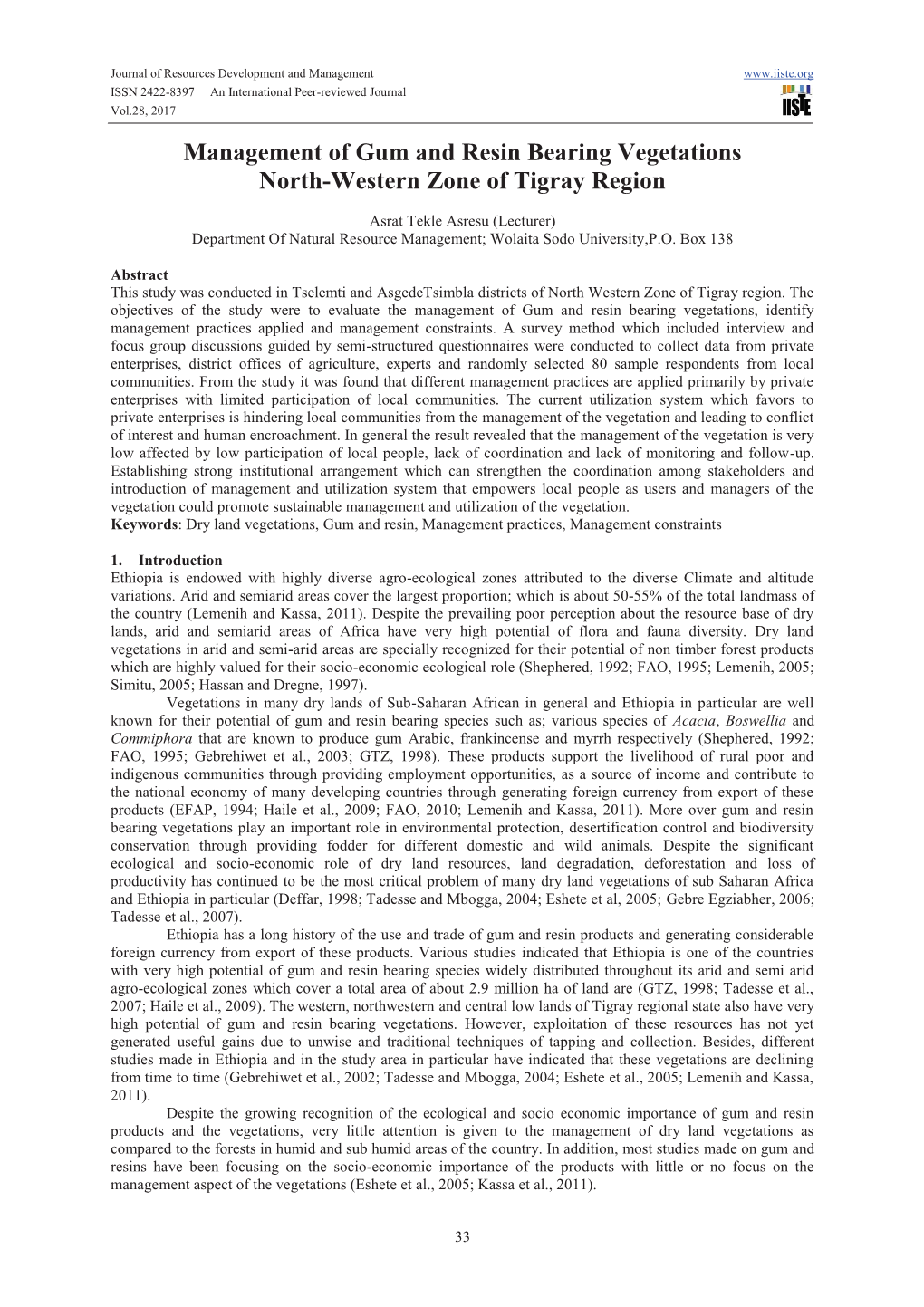 Management of Gum and Resin Bearing Vegetations North-Western Zone of Tigray Region
