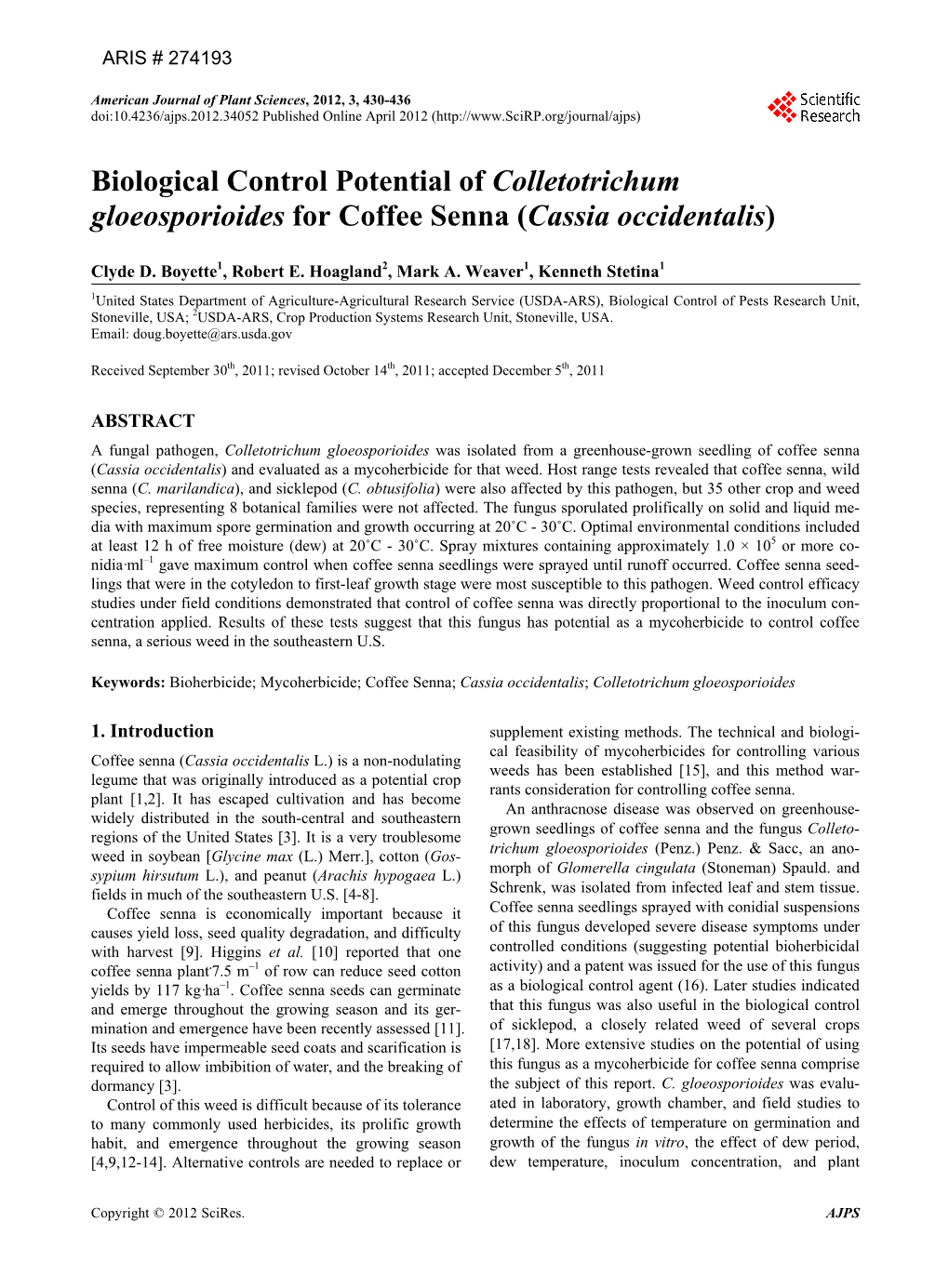 Biological Control Potential of Colletotrichum Gloeosporioides for Coffee Senna (Cassia Occidentalis )