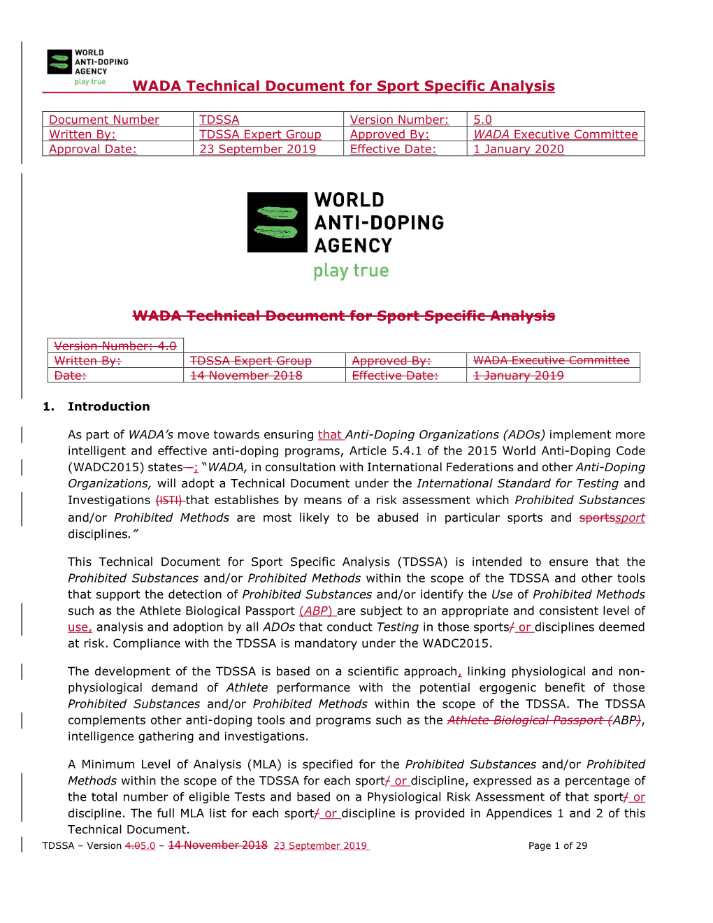 TDSSA Version Number: 5.0 Written By: TDSSA Expert Group Approved By: WADA Executive Committee Approval Date: 23 September 2019 Effective Date: 1 January 2020
