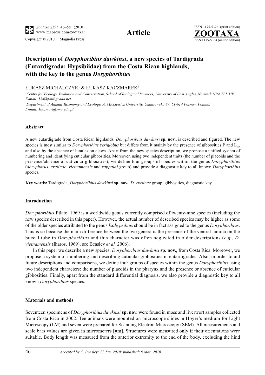 Zootaxa, Description of Doryphoribius Dawkinsi, a New