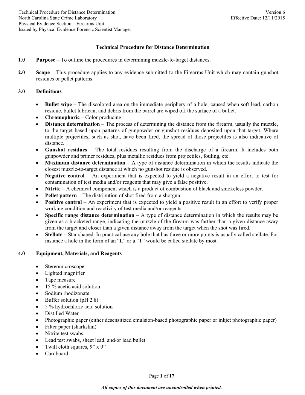 Technical Procedure for Distance Determination 1.0 Purpose – To