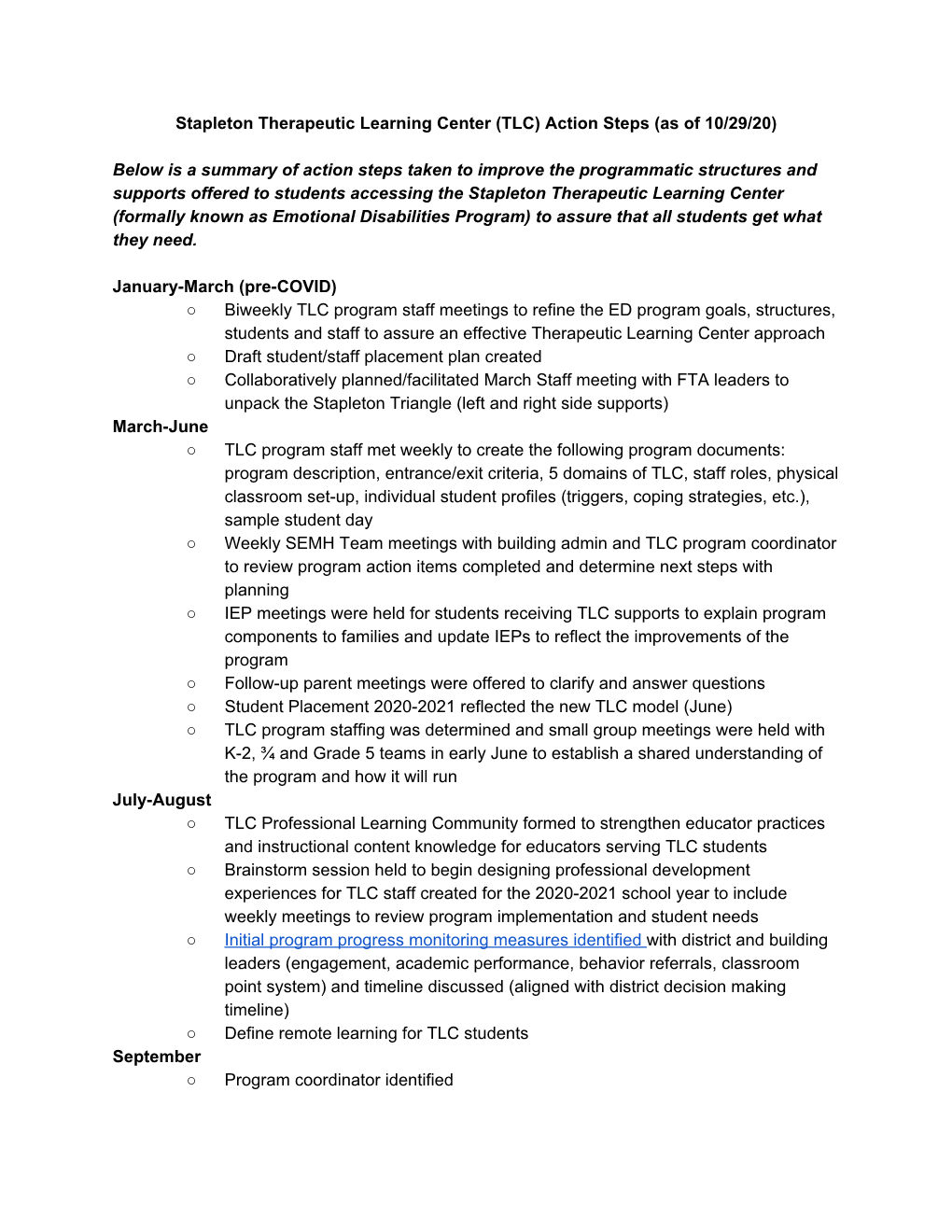 Stapleton Therapeutic Learning Center (TLC) Action Steps (As of 10/29/20)