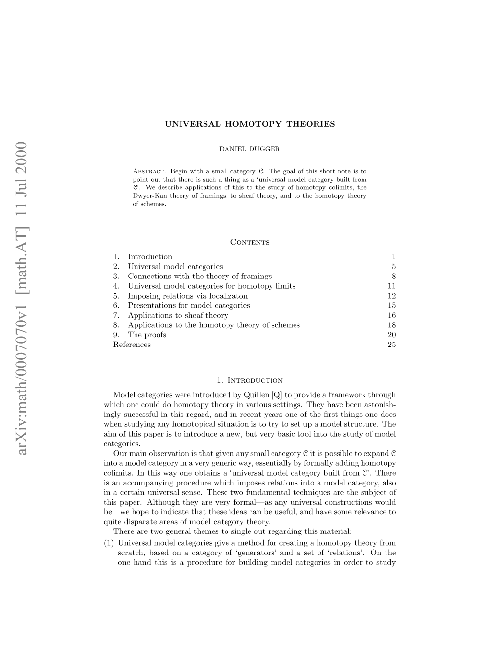 Arxiv:Math/0007070V1 [Math.AT] 11 Jul 2000 I Fti Ae St Nrdc E,Btvr Ai Olint Tool Basic Very but New, a M Introduce a up to Th Set Is Categories