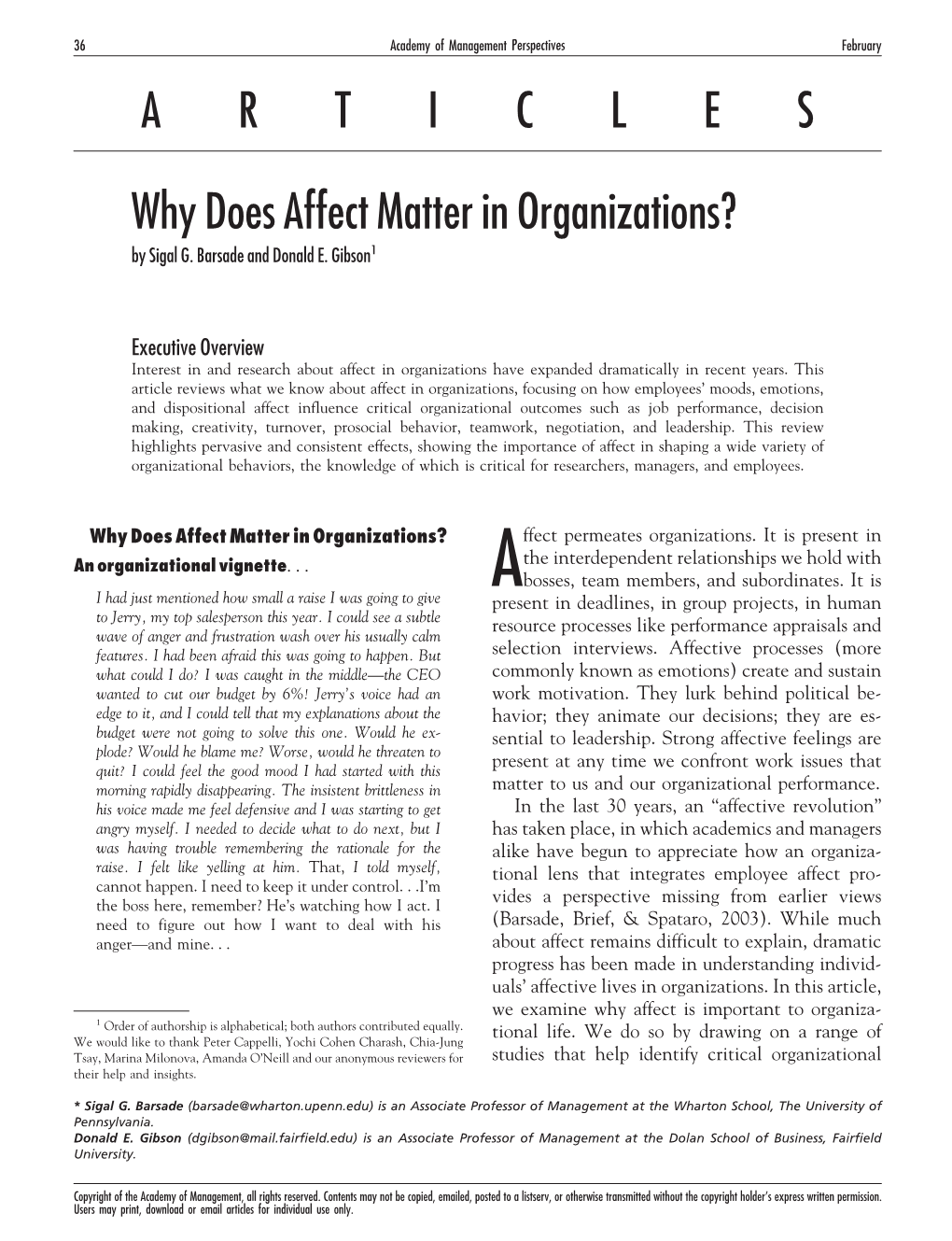 A R T I C L E S Why Does Affect Matter in Organizations?