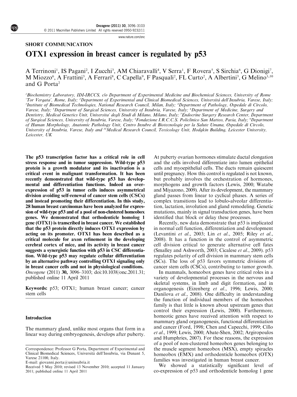 OTX1 Expression in Breast Cancer Is Regulated by P53