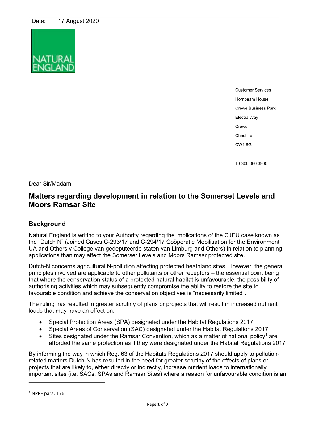 Natural England Advice to Lpas on Nutrients in the Somerset Levels