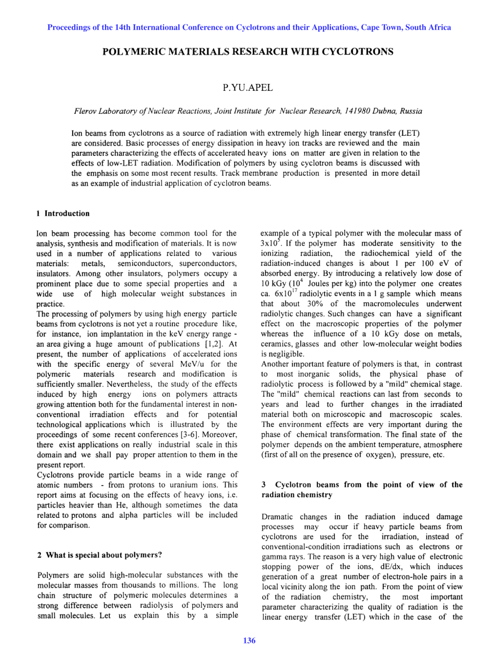 Polymeric Materials Research with Cyclotrons