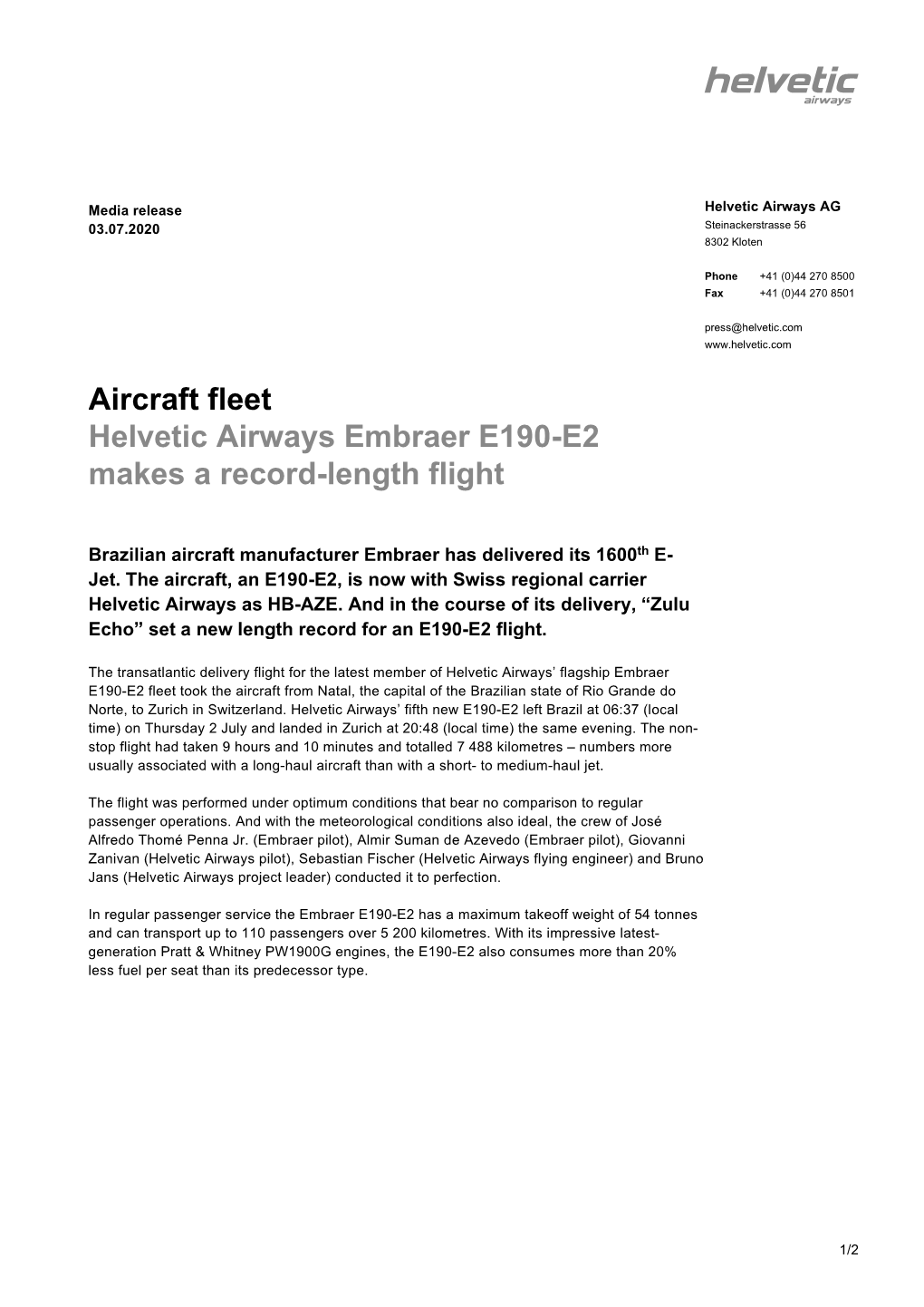 Aircraft Fleet Helvetic Airways Embraer E190-E2 Makes a Record-Length Flight