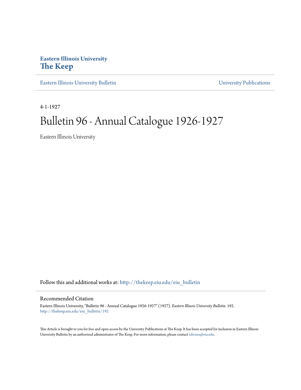 Bulletin 96 - Annual Catalogue 1926-1927 Eastern Illinois University