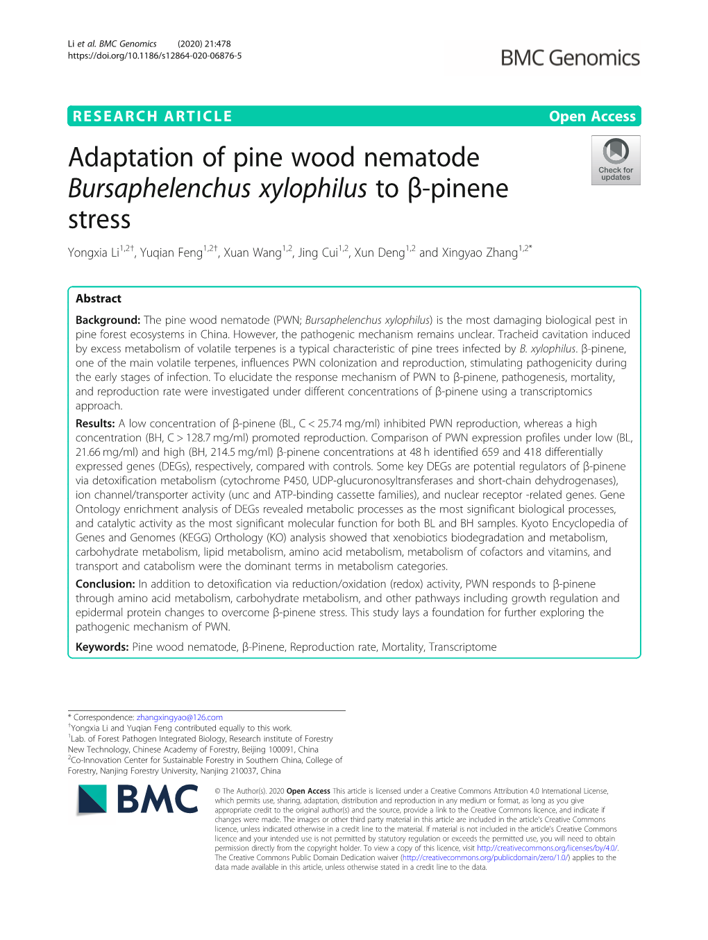 Adaptation of Pine Wood Nematode Bursaphelenchus Xylophilus to Β