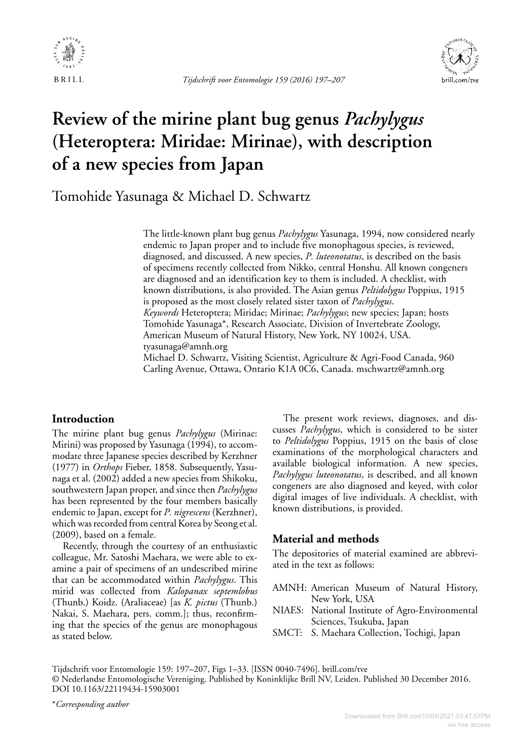 Heteroptera: Miridae: Mirinae), with Description of a New Species from Japan Tomohide Yasunaga & Michael D