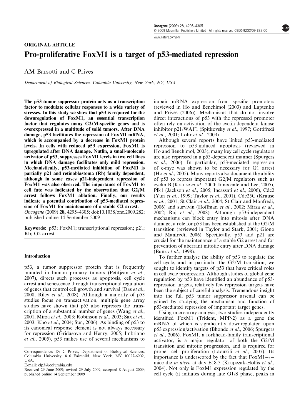 Pro-Proliferative Foxm1 Is a Target of P53-Mediated Repression