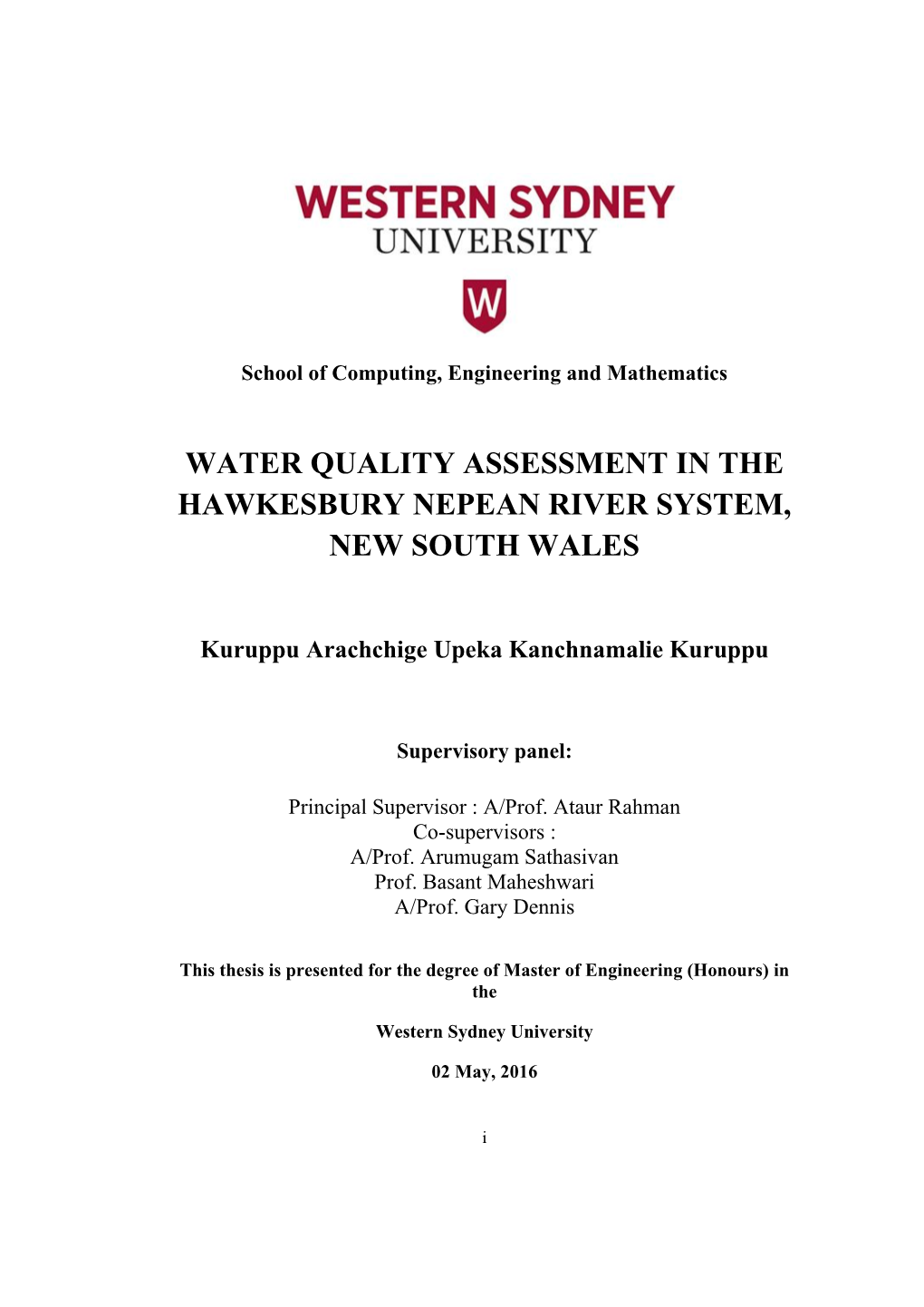 Water Quality Assessment in the Hawkesbury Nepean River System, New South Wales