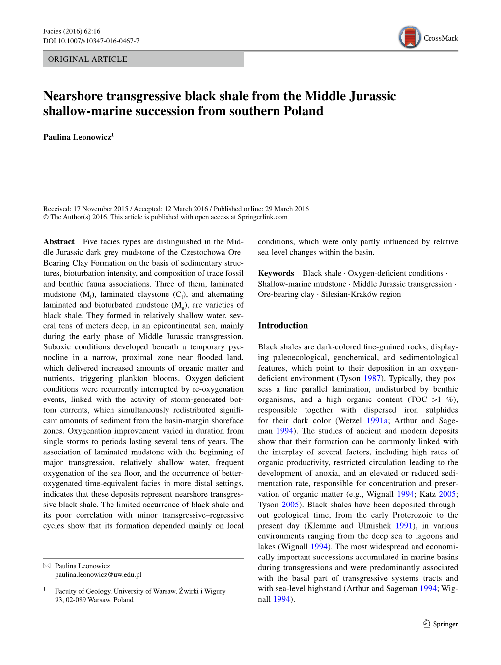 Nearshore Transgressive Black Shale from the Middle Jurassic Shallow‑Marine Succession from Southern Poland