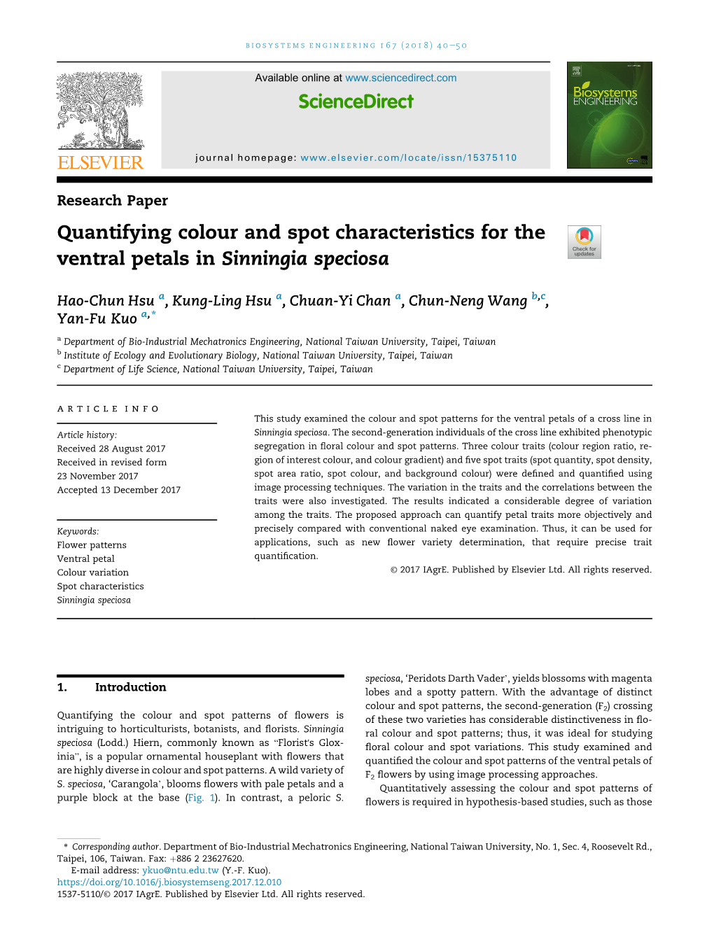 Quantifying Colour and Spot Characteristics for the Ventral Petals in Sinningia Speciosa