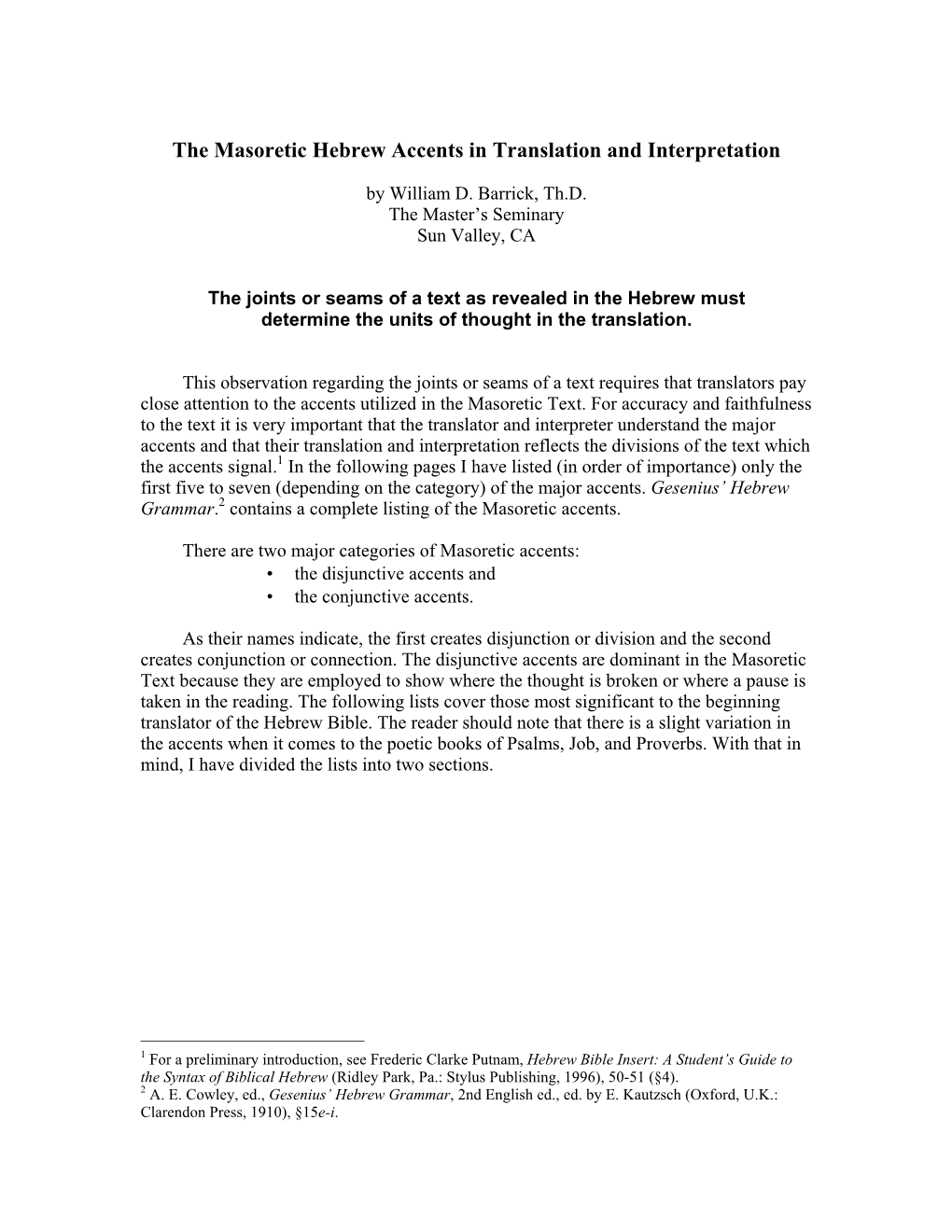 The Masoretic Hebrew Accents in Translation and Interpretation