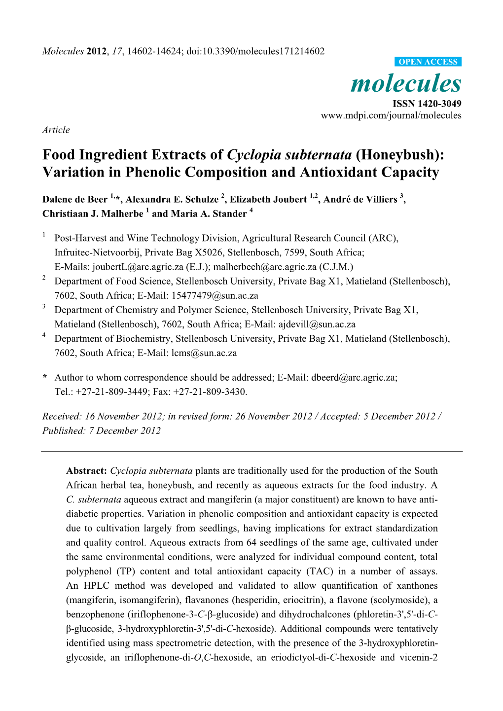 Food Ingredient Extracts of Cyclopia Subternata (Honeybush): Variation in Phenolic Composition and Antioxidant Capacity