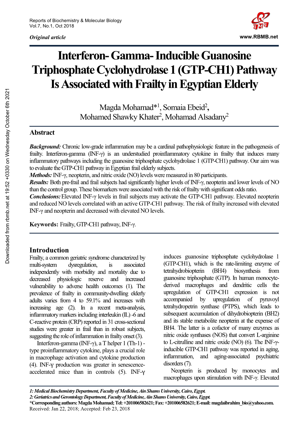 (GTP-CH1) Pathway Is Associated with Frailty in Egyptian Elderly