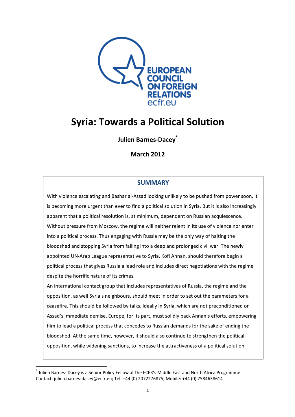 Syria: Towards a Political Solution