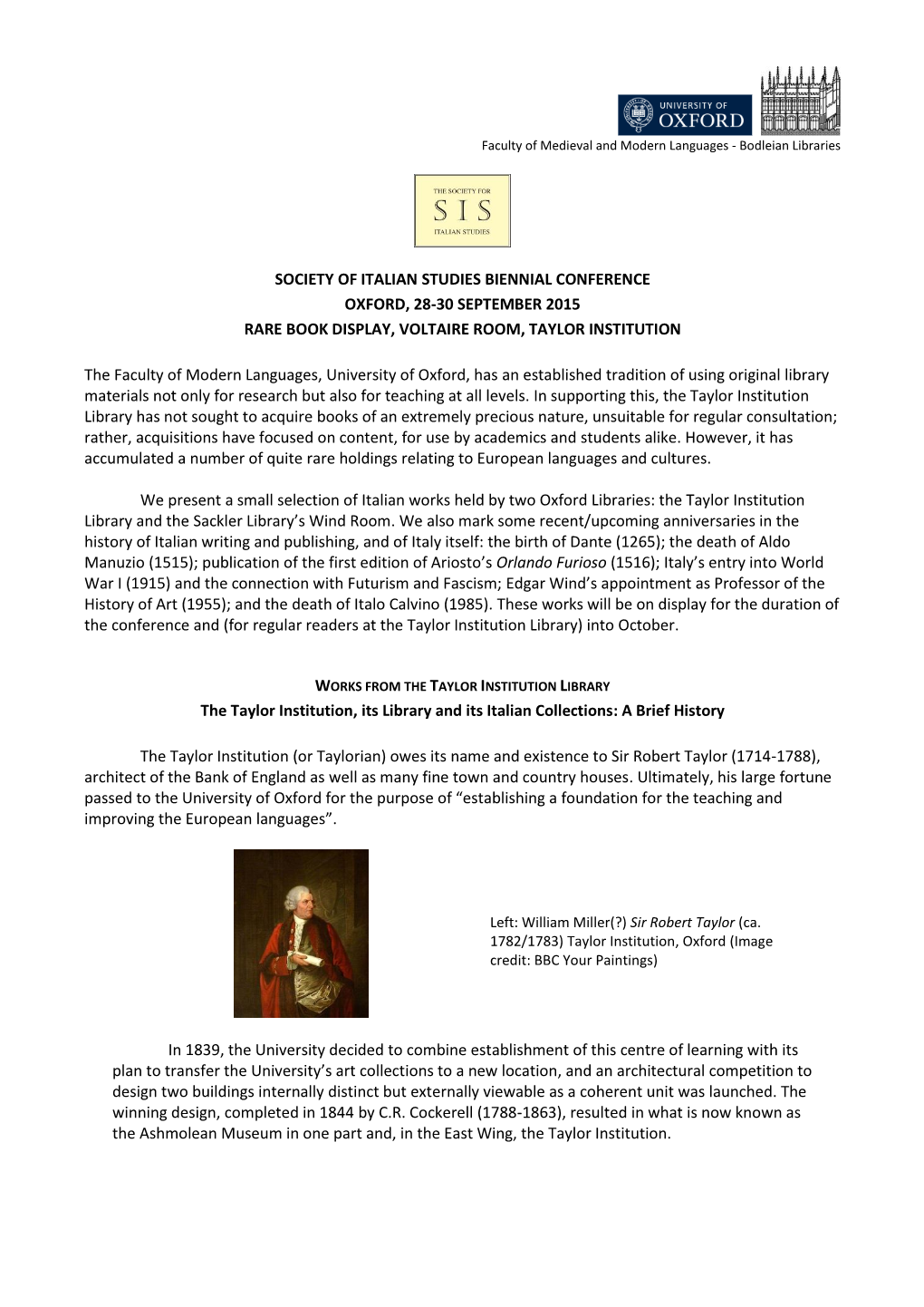 Society of Italian Studies Biennial Conference Oxford, 28-30 September 2015 Rare Book Display, Voltaire Room, Taylor Institution