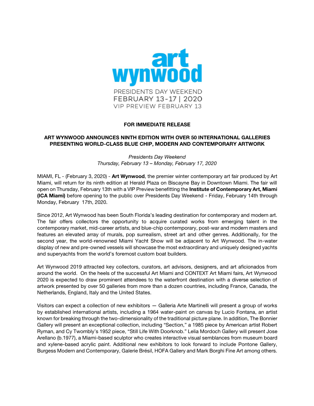 Art Wynwood Announces Ninth Edition with Over 50 International Galleries Presenting World-Class Blue Chip, Modern and Contemporary Artwork