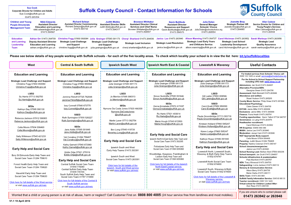 Suffolk County Council - Contact Information for Schools Sue.Cook@Suffolk.Gov.Uk 01473 265354