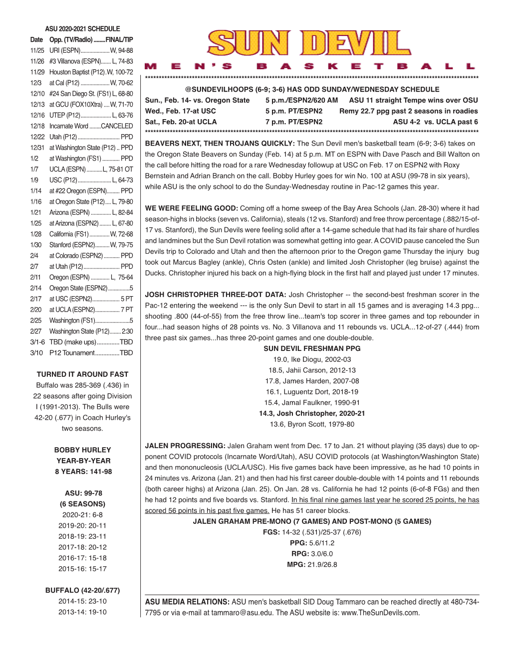 ASU Men's Basketball SID Doug Tammaro Can Be Reached Directly at 480-734- 2013-14: 19-10 7795 Or Via E-Mail at Tammaro@Asu.Edu