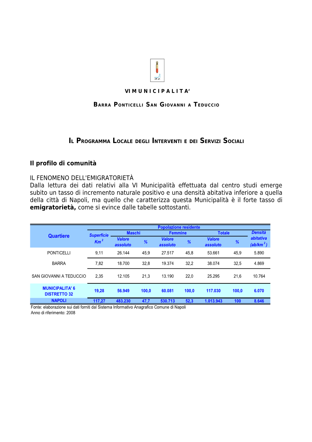 Il Profilo Di Comunità IL FENOMENO DELL'emigratorietà Dalla Lettura Dei Dati Relativi Alla VI Municipalità Effettuata Dal