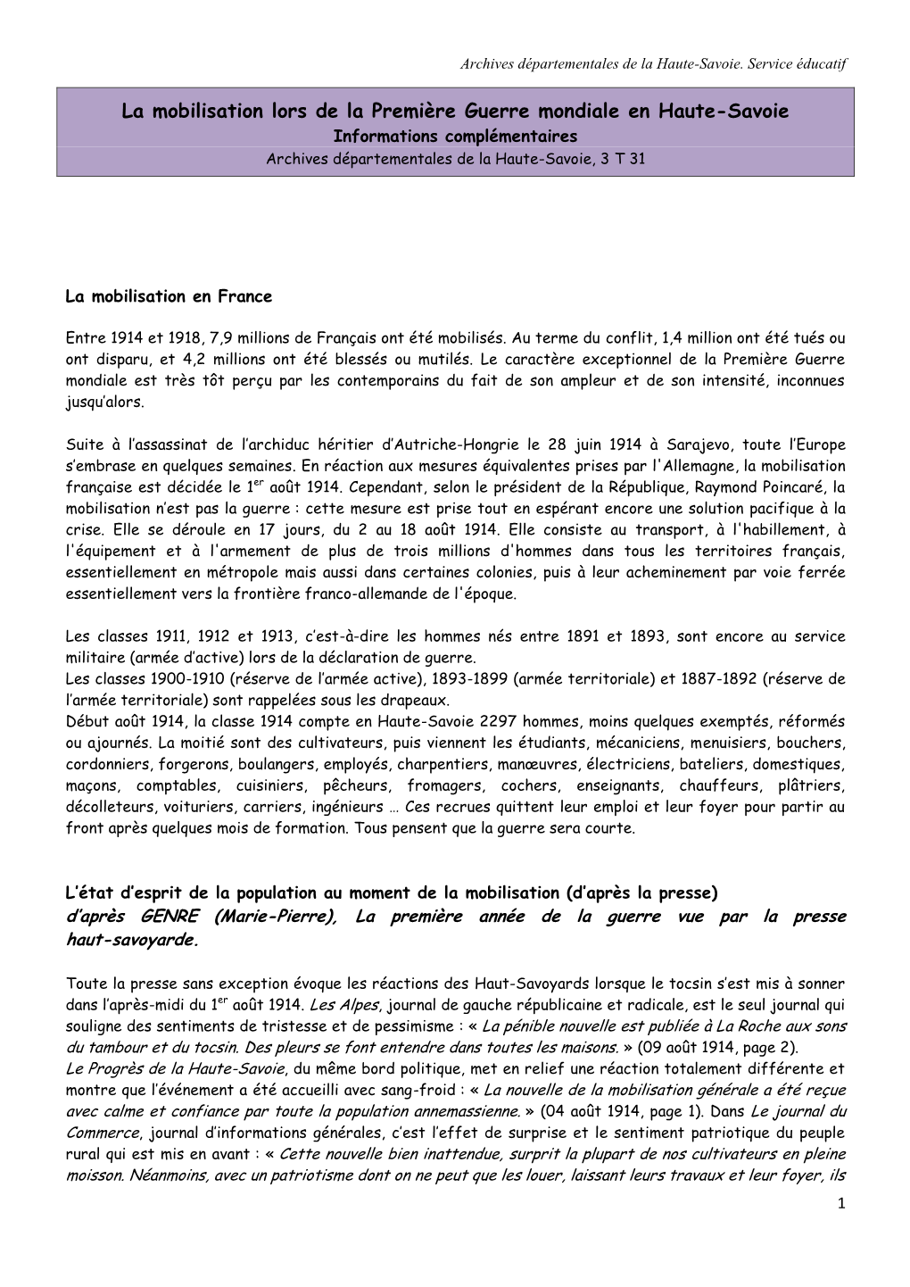 La Mobilisation Lors De La Première Guerre Mondiale En Haute-Savoie Informations Complémentaires Archives Départementales De La Haute-Savoie, 3 T 31