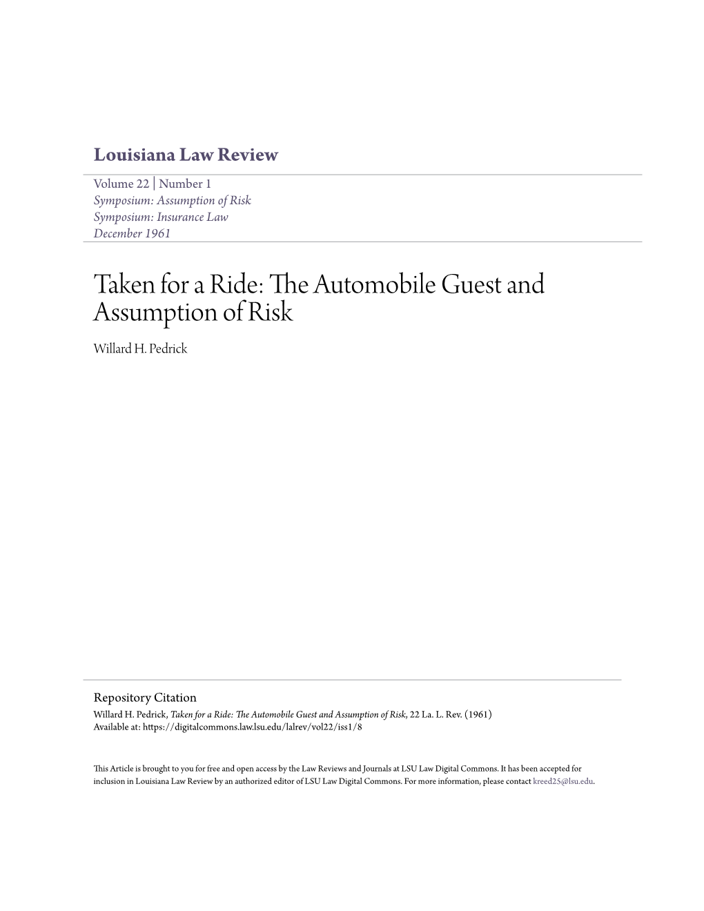Taken for a Ride: the Automobile Guest and Assumption of Risk Willard H