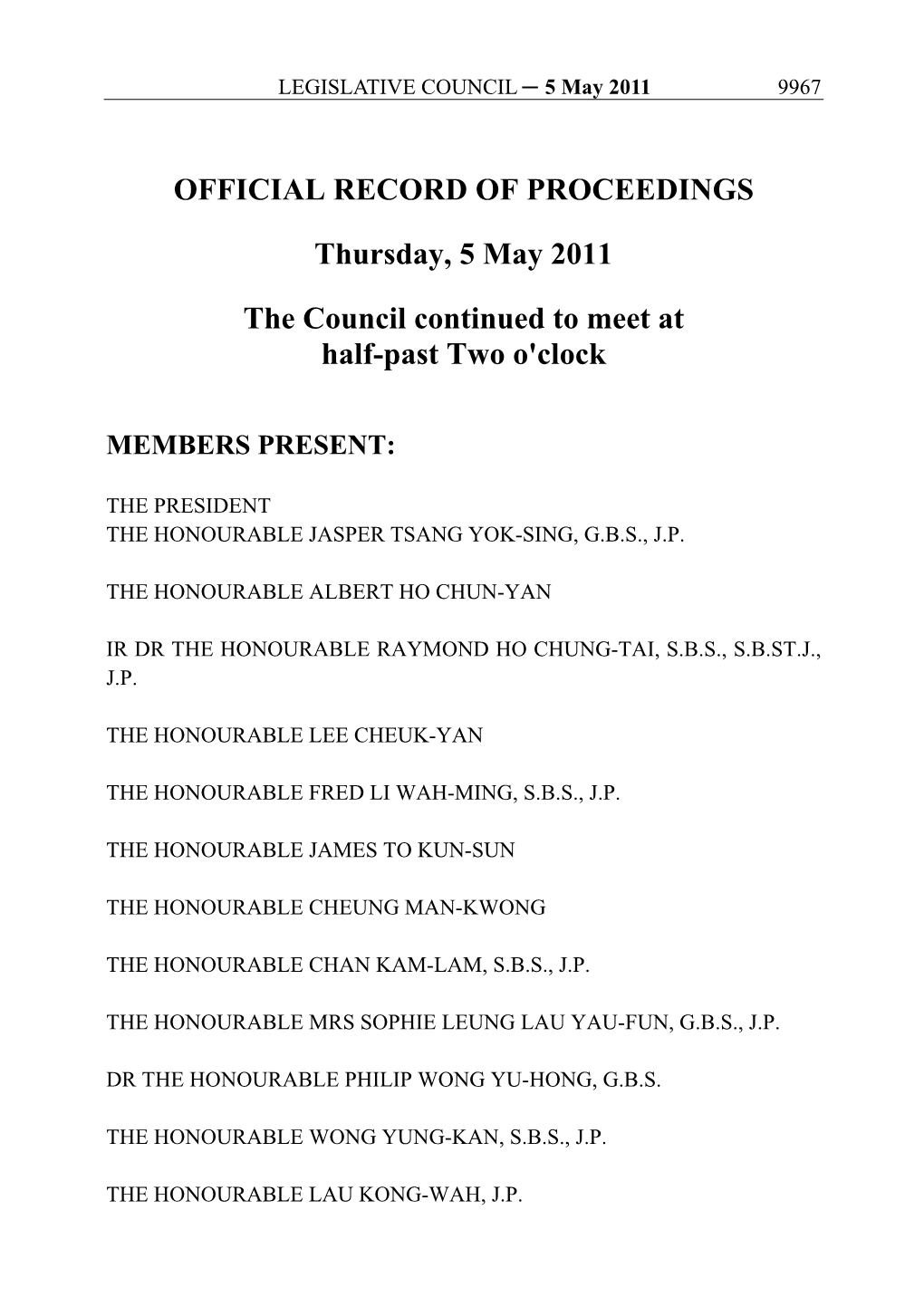 OFFICIAL RECORD of PROCEEDINGS Thursday, 5 May