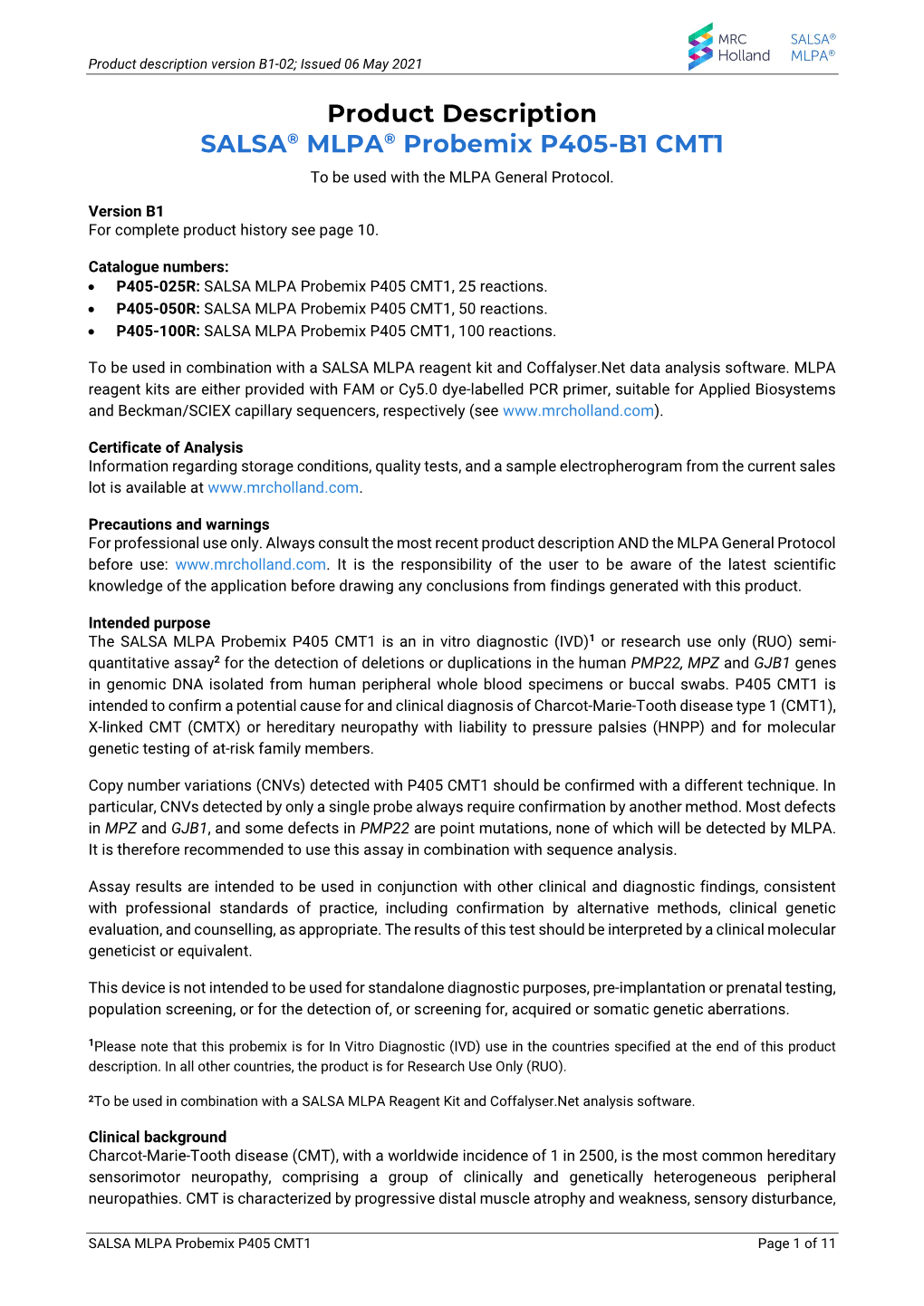 Product Description SALSA® MLPA® Probemix P405-B1 CMT1 to Be Used with the MLPA General Protocol