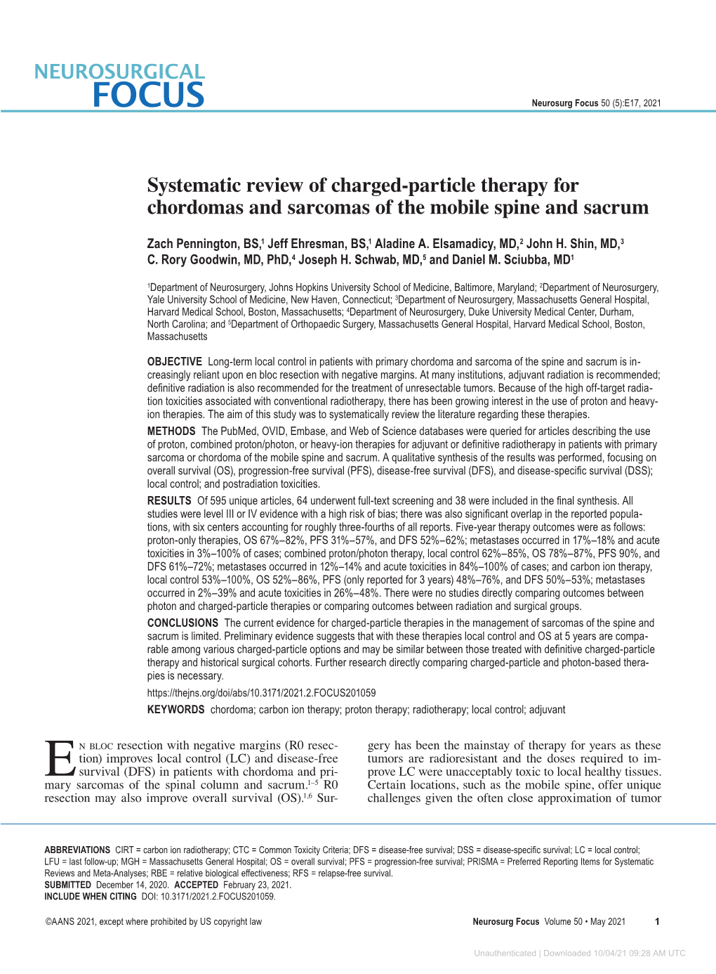 Systematic Review of Charged-Particle Therapy for Chordomas and Sarcomas of the Mobile Spine and Sacrum