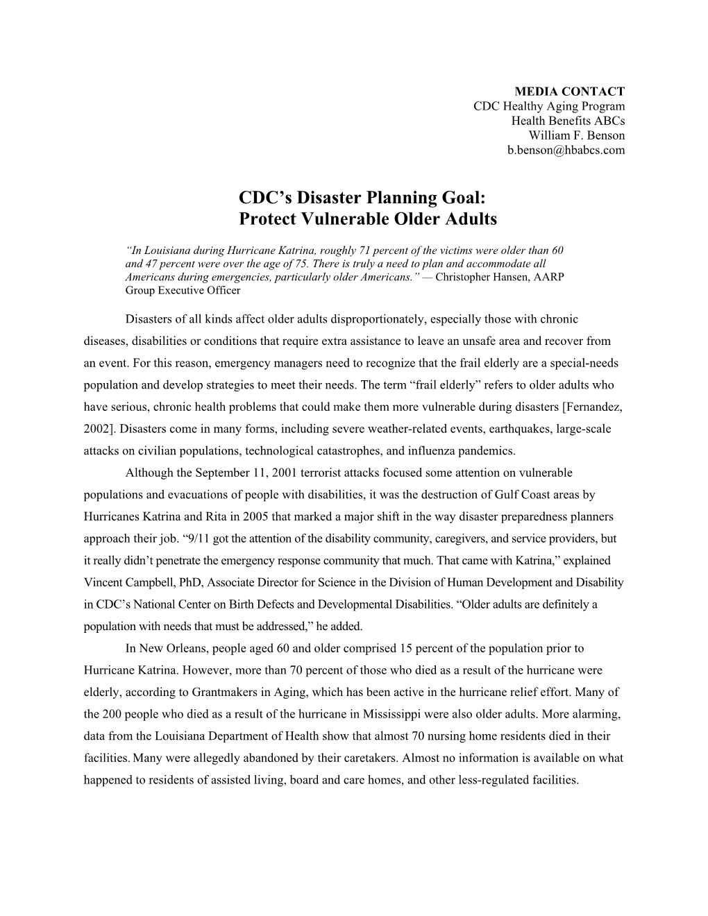 CDC's Disaster Planning Goal: Protect Vulnerable Older Adults
