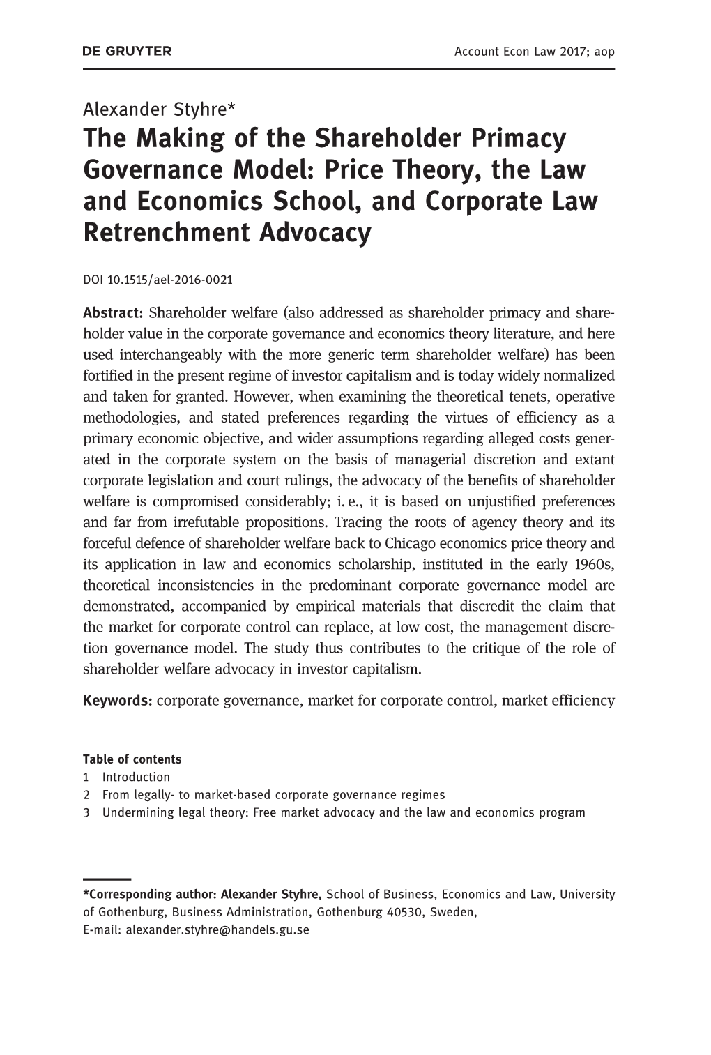 Price Theory, the Law and Economics School, and Corporate Law Retrenchment Advocacy
