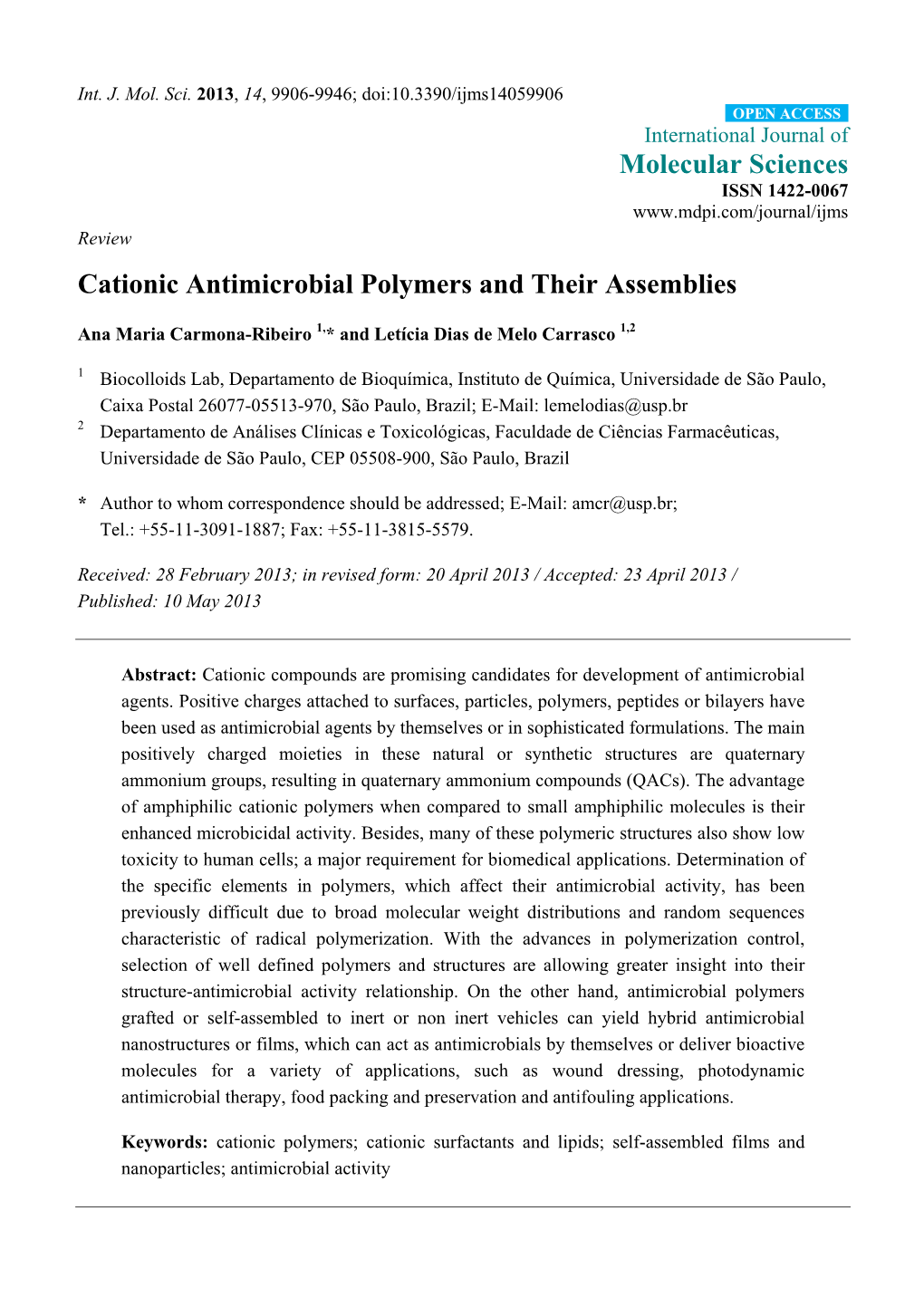 Molecular Sciences Cationic Antimicrobial Polymers and Their