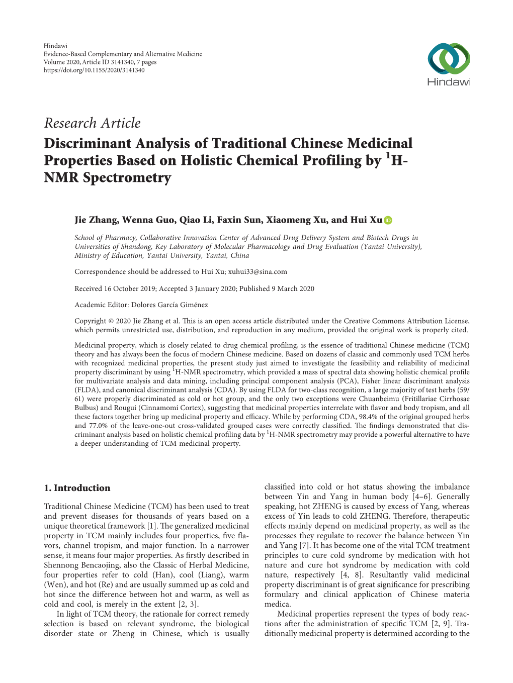 Discriminant Analysis of Traditional Chinese Medicinal Properties Based on Holistic Chemical Profiling by 1H-NMR Spectrometry
