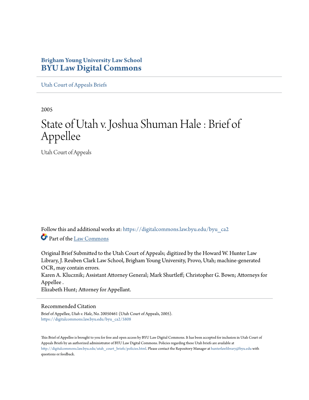 State of Utah V. Joshua Shuman Hale : Brief of Appellee Utah Court of Appeals